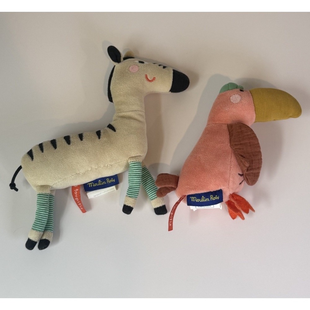 Moulin Roty Les Touptis Baby Rattle Plush Lot Zebra Toucan Bird France